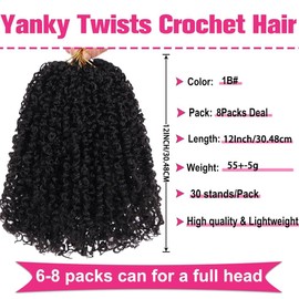 Yanky Twist Crochet Hair - 12 Inch 8 Packs (30 Strands/Pack) Pre-Looped Synthetic Braiding Hair, Fluffy Spring Mini Twist Passion Twist for Black Women Natural Black