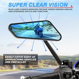 MICTUNING Motorcycle Mirrors - Anti-glare Blue-Lensed CNC Machined Aluminum 360° Rotation Motorcycle Rear View Mirrors Compatible with Cruiser, Suzuki, Honda, Victory and More
