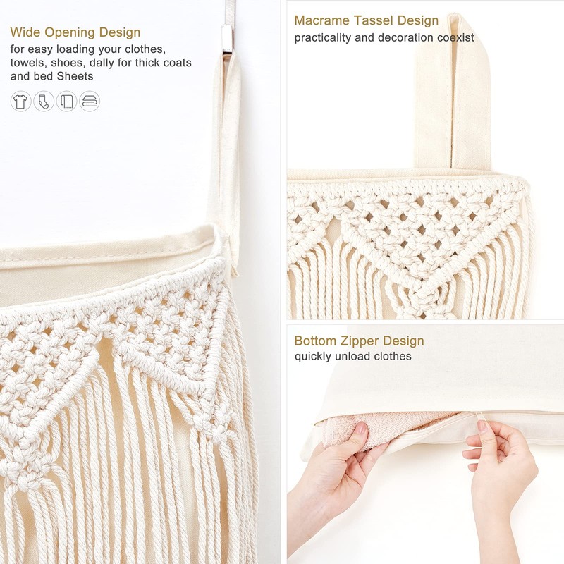 Mkono Macrame Hanging Laundry Hamper with Over The Door Hooks