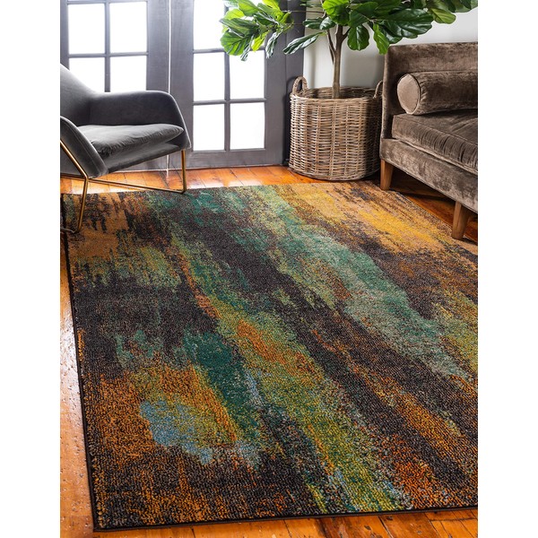 Unique Loom Jardin Collection Colorful, Vibrant, Abstract Watercolor Area Rug, 3 ft (3 in) x 5 ft (3 in), Turquoise/Gray