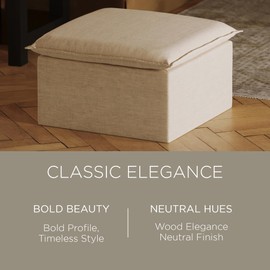 Maven Lane Claude Large Square Rustic Upholstered Ottoman, Cushioned Footrest for Living Room Couch, Chair, or Dorm Room in Taupe Fabric Upholstery