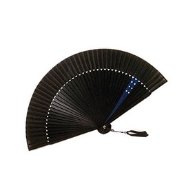Silk Fan, Black Dyed, Large Short, Silk Modern Two-Tone Bamboo Fan, with Tufted Fan Bag (Blue)