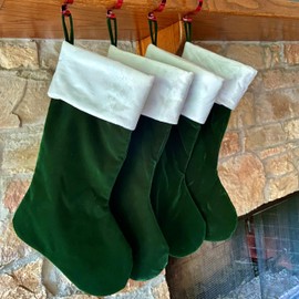 Haute Decor Velveteen Dark Green HangRight® Stocking with White Cuff - 20 inches - Loop Adjusts to Hang Straight from Mantel