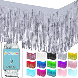 Allgala 2-Pack 29x108 Inch Metallic Foil Fringe Tinsel Table Skirts for Party Event Decoraton-Silver-BD52804