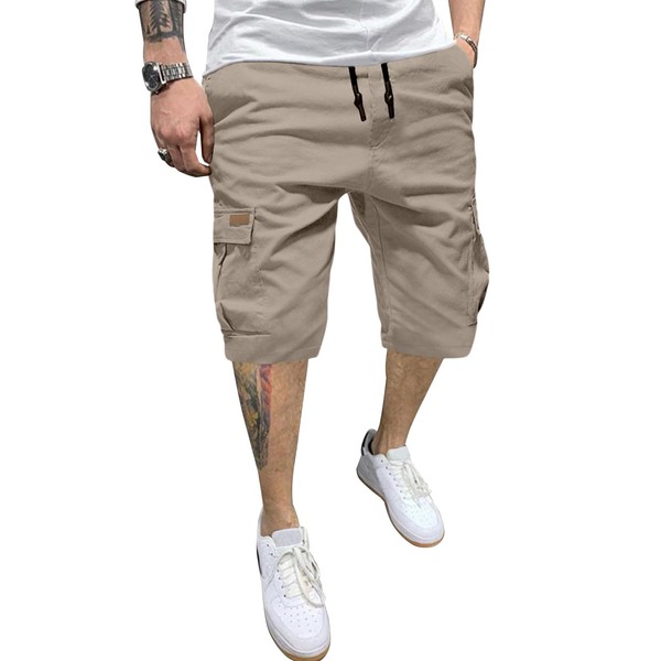 JMIERR Mens Casual Twill Cargo Shorts Cotton Drawstring Classic Cargo Stretch Short with 6 Pocket for Men, US34(M), B Brown