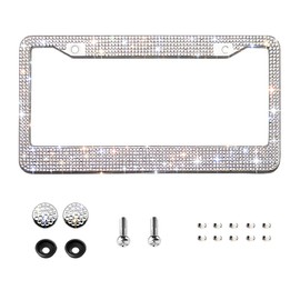 Bling License Plate Frame for Women,Sparkle Crystal Bedazzled Rhinestone License Plate Frames with 1400pcs Rhinestones, Handcrafted Crystal Premium Stainless Steel Frame with Screw Caps (White)