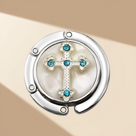 Zinc Alloy Cross Purse Hook for Table - Crystal Rhinestone Bag Holder Hanger, Lightweight Decorative Handbag Hook Accessories for Women, Restaurant Dining Gift (Light Blue)