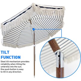 Tassel Beach Umbrella 7 Foot – Designer Umbrella Fringed Tassels – Wood Grain Steel Pole – Tilt Function – Ground Stake - UPF 50+ UV Sun Protection - Exotic Tan Color Striped – Carry Bag