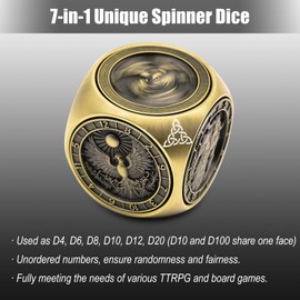 DND Spinner Dice, 7 in 1 Unique Metal Dice Set with 3D Relief for Dungeons and Dragons Gifts, Cool Polyhedral Role Playing Game Dice, Fantasy D&D Tabletop RPG Accessories for DM & Player (Bronze)