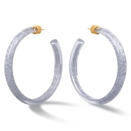 Gold Plated Sterling Silver Clear Lucite/Silver Glitter 60MM Large Open Hoop Earrings - Round Flat Edge