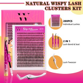 Lash Extension Kit 280PCS Eyelash Clusters 30D DIY Eyelash Extension Individual Lashes Natural Lash Clusters Kit with Lash Bond and Seal Tweezers(D-Mix9-16mm)