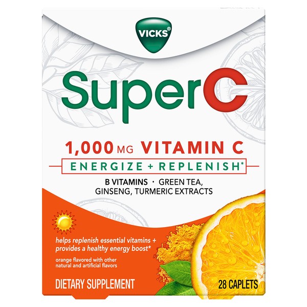 Vicks Super C Energize + Replenish Daytime Dietary Supplement with Vitamin C, B Vitamins, Green Tea, Ginseng, and Turmeric Extracts to help replenish essential vitamins*, 28 Caplets