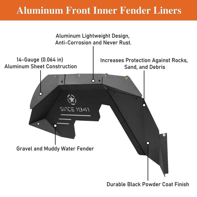 Hooke Road Aluminum Front Inner Fender Liners for 2007-2018 Jeep