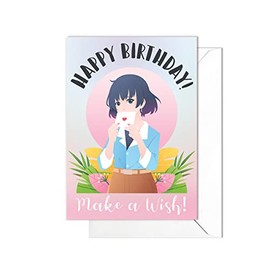 Happy Birthday Greeting Cards - Japanese Style Cute Kawaii Art Card with Envelope (Make A Wish!) - code H71