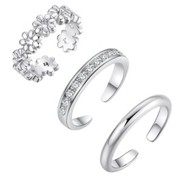 3Pcs 18K Silver Toe Rings for Women, Adjustable Open Toe Ring Cubic Zirconia Daisy Flower Simple Thin Band Hug Rings Hawaiian Summer Beach Foot Jewelry Set