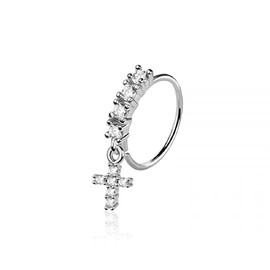 Pierced Owl 20GA 316L Stainless Steel CZ Crystal Lined Hoop with Dangling Cross Charm Bendable Nose Ring (Silver Tone)