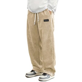 Hidkat Mens Corduroy Casual Pants Fashion Loose Fit Wide Leg Pants Straight Sweatpants Elastic Waist Drawstring Khaki