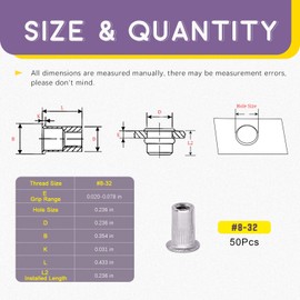 Swpeet 50Pcs 304 Stainless Steel #8-32“ Knurled Rivet Nut Flat Head Threaded Insert Nutsert Assortment Kit for Automotive, Furniture, Decoration