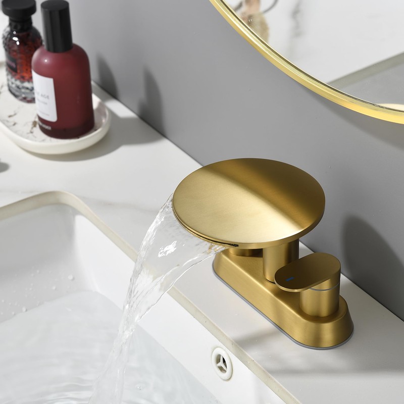 Brushed Gold Bathroom Sink Faucet 3 Hole，Waterfall Bathroom Faucet 4