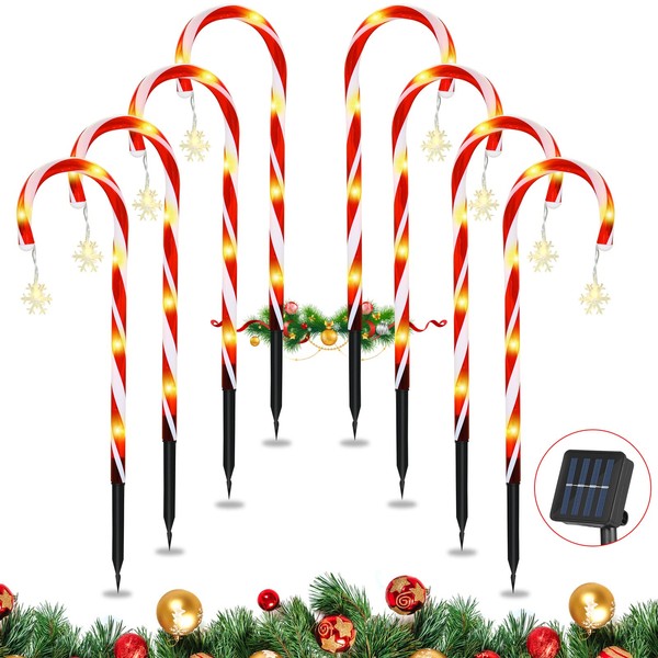 8 Pcs Solar Christmas Pathway Markers Lights, 14 Inch Candy Cane Christmas Decorations Sidewalk Lights Light up Set with Snowflakes Pendant for Outdoor and Indoor Walkway Patio Garden Xmas Party