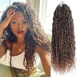 Boho Faux Locs Crochet Hair For Black Women,18 Inch 5 Packs Ombre Brown Goddess Locs Crochet Hair With Curly Ends,Soft Pre Looped/Prelooped Hippie River Locs Crochet Braids(18in,5 Packs,T1B/30#)
