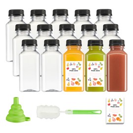 GUSTO [8 oz. - 15 Count Reusable Plastic Juice Bottles With Caps, Labels, Brush, and Silicone Funnel - Clear plastic Bottles with Caps, Juice Containers with lids, for All Beverages