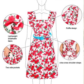 MIKI WELL Vintage Women Pink Apron Dress - Ruffles with Pockets- Floral Print Kitchen Chef Baking Garden Apron (Red)