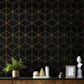 Safiyya 118" x 17.3" Gold and Black Wallpaper Geometric Contact Paper Peel and Stick Wallpaper Removable Self Adhesive Contact Paper for Cabinets and Walls Vinyl Rolls