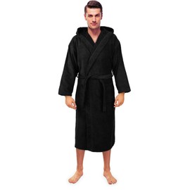 Turkuoise Men's Turkish Terry Cloth Robe, Thick Hooded Bathrobe Black, Large