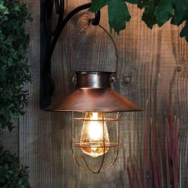 pearlstar Solar Lantern Outdoor Hanging Light Metal Farmhouse Solar Lamp with Warm White Edison Bulb Design for Garden Yard Patio Porch Decor (Brushed Copper)