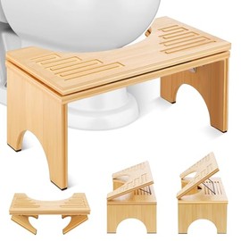 Foldable Toilet Stool 7.1 Inches Adjustable Height Bamboo Potty Stool for Adults with Built-in Bracket, Wooden Toilet Foot Step Stool for Bathroom, Better Posture & Digestion