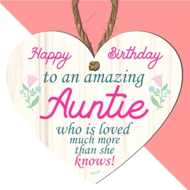 Pixie's Gifts Wooden or acrylic Heart Plaque for Auntie - Happy Birthday - Gift for an Amazing Auntie - Rustic Home Decor - Heartfelt Message - 10cm x 9cm - Made in the UK (MDF WOOD)