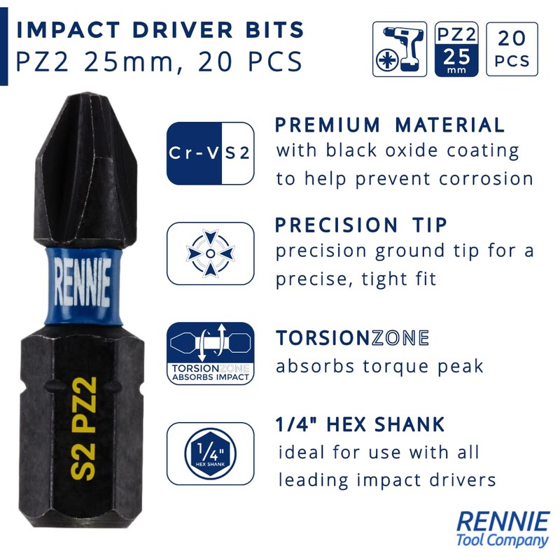 20 x Rennie Tools 25mm PZ2 Impact Screwdriver Driver Bits