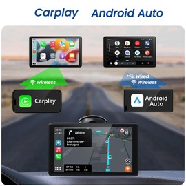 FEISIKE 7" HD Portable Wireless Carplay Screen for Car, Touchscreen Car Stereo, Apple CarPlay & Android Auto, Front/Rear View Camera Stereo Receiver for Car Bluetooth FM Transmitter AUX TF