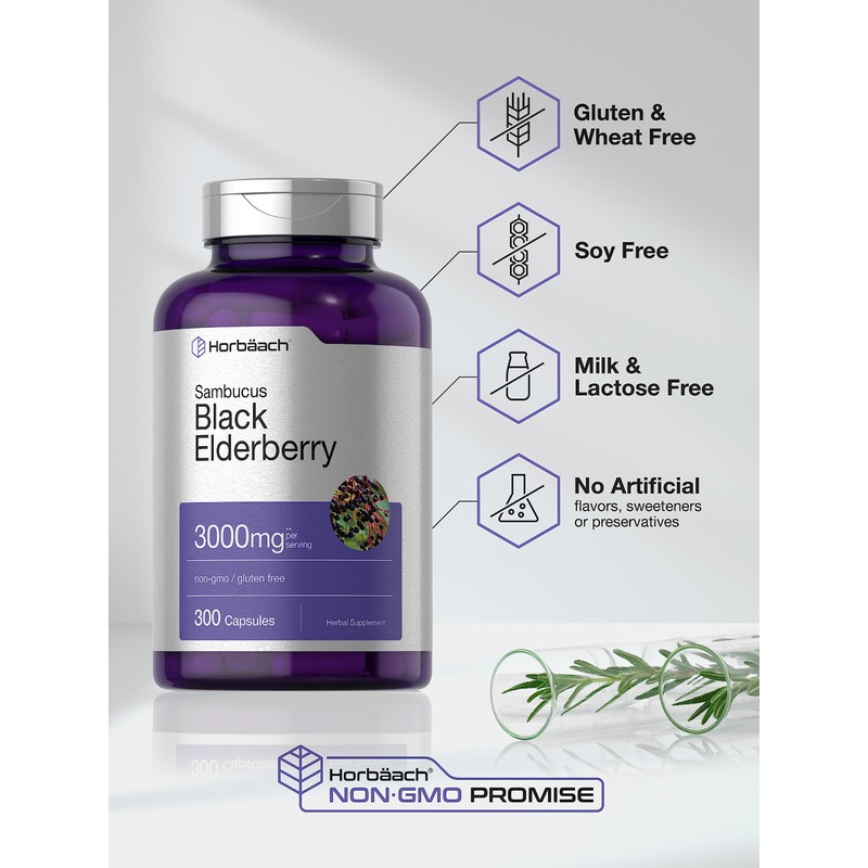 Horbäach Black Elderberry | 3000mg Capsules | 300 Count |