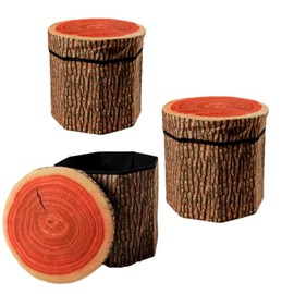 3 Pack Tree Stump Storage Stools 11.8 * 11.8 Inches Folding Storage Stool with Foam Cushion Cute Folding Storage Toy Box Collapsible Storage Seat Chest