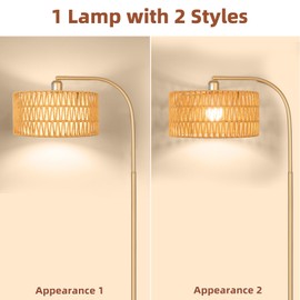 Brilvibera Gold Floor Lamps- Boho Floor Lamp for Room, Rattan Standing Lamps with Dimmable Bulb, Adjustable 2-in-1 Lampshades Arc Floor Lamp Over Couch Lamps for Living Room, Bedroom, Office