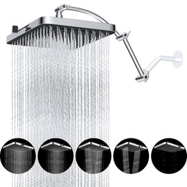 Hibbent Rain Shower Head, 13'' High Pressure Rainfall Square 5 Spray Mode Showerhead with 16" Shower Head Extension Arm, Solid Brass Adjustable Shower Arm Extender, Waterfall fixed Showerheads, Chrome