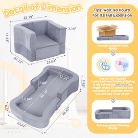 whiffee Toddler Travel Bed, 2-in-1 Foldable Portable Toddler Bed Sofa Chair, Soft Baby Kids Travel Floor Cot with Washable Covers Safety Foam Raised Bumper for Camping Hotel Sleeping (Grey)
