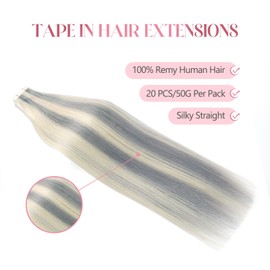 Sixstarhair Tape in Hair Extensions Human Hair Platinum Silver to Ash Blonde Piano Color Remy Human Hair Ombre Blonde Hair Extensions 20 Pieces Pack For Women [Psilver-60 16inch]