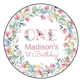 PartyMommy (12) First Birthday Wildflowers Garden Party Stickers Favors Labels tags 2.5"