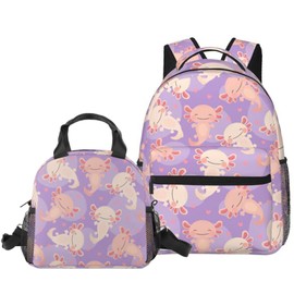 ZVUZVO 2pcs Axolotl Prints Backpack Gifts For Teen Girls Boys, Bookbag And Lunch Bag Set, School Daypack Students Knapsack
