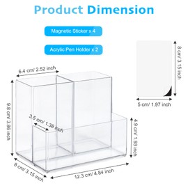 Marte Vanci Acrylic Pen Holder, Pencil Organiser Clear Makeup Brush Holder Desk Organiser Pen Pot Stationery Art Supply Storage with 2 Magnetic Squares Desktop Accessories 3 Slots Clear 2 Pack