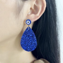 Blue Teardrop Leather Statement Earrings for Women Boho Big Lightweight Turkish Lucky Evil Eye Dangle Drop Stud Earrings Amulet Protection Jewelry Souvenirs (Shiny Sequins)