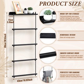 Briwooody 5 Layer Farmhouse Wooden Blanket Ladder 2 in 1 Towel Racks Decorative Rustic Wall Wood Shelf Blanket Holder Quilt Towel Holder Rack for Bathroom Living Room Bedroom(Black)