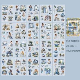 Snycler Blue Garden Series Sticker Book - 20 Sheets Vintage PET Stickers for Scrapbooking, Junk Journaling, Ephemera, and Decorative Crafts - Pre-Cut Urban Design Stickers