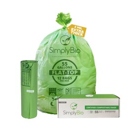 Simply Bio 55 Gallon Compostable Trash Bags Flat-Top, Heavy Duty Extra Thick 2 Mil, 208.2 Liter, 12 Bags, Large Lawn and Yard Waste Bag, ASTM D6400, US BPI and OK Compost Home Certified