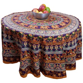 India Arts Handmade 100% Cotton Elephant Mandala Floral 81" Round Tablecloth Burgundy Mustard Orange Green