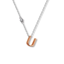 Initial Necklace for Women, Rose Gold Plated Letter Pendant with 3mm Zircon & 16+2" Silver-Tone Chain, Free size, Brass, Cubic Zirconia