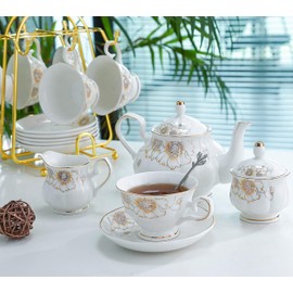 21-Piece Porcelain Ceramic Coffee Tea Gift Sets, Cups& Saucer Service for 6, Teapot, Sugar Bowl, Creamer Pitcher and Teaspoons.